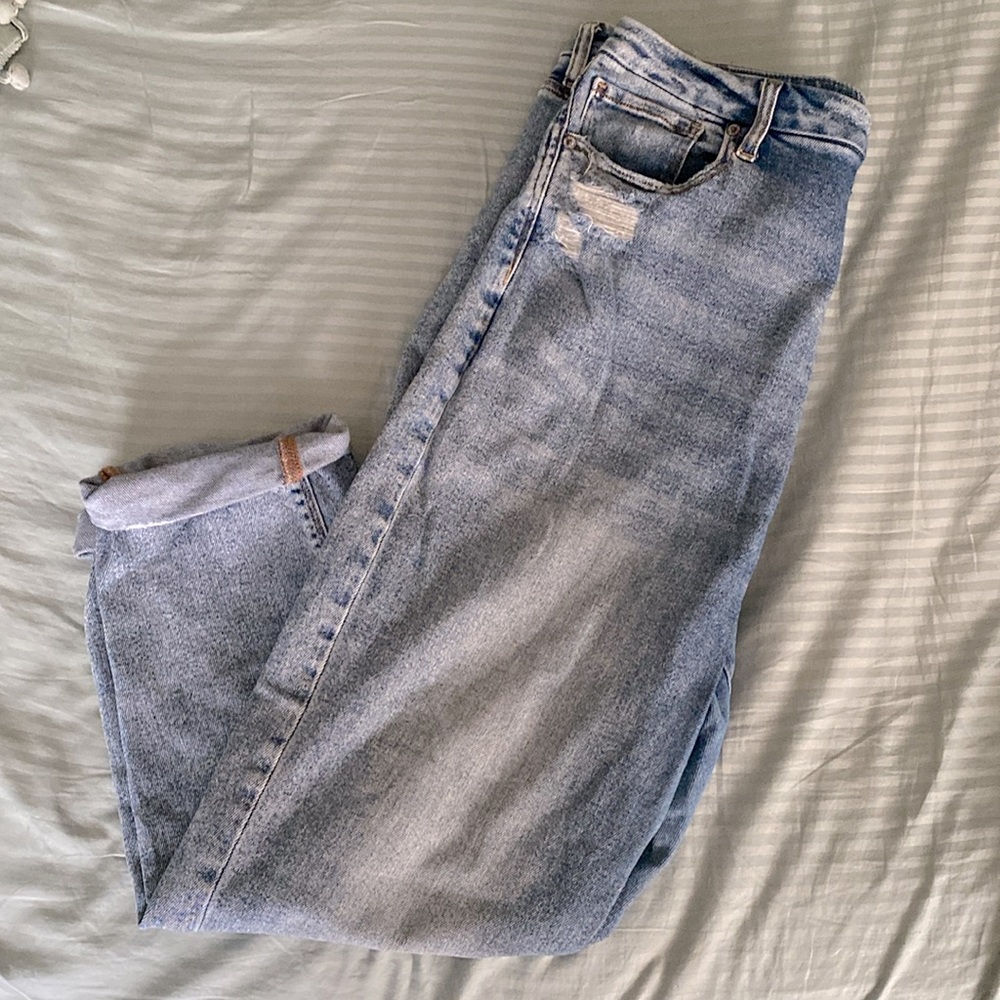 Slightly distressed light-wash mom jeans from American Eagle size 16.